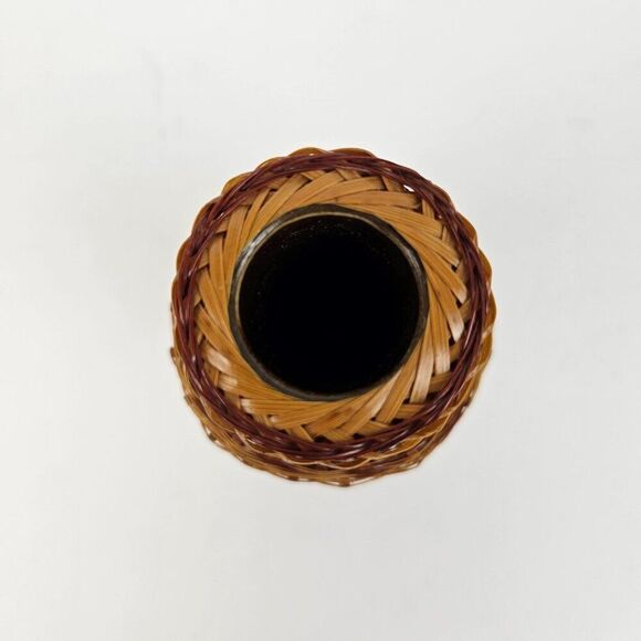 Shanghai Handicrafts Miniature Vase Woven Wicker Rattan Bamboo Basket Vtg Label - Picture 5 of 9